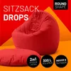 A red beanbag chair and a matching cushion are shown on a red and orange background. Text overlays describe features and branding. Náhľad obrázku produktu
