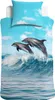 A duvet cover and pillowcase set featuring a vibrant image of dolphins jumping out of the ocean waves under a blue sky with clouds.