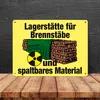 A metal sign with German text and graphics, displayed on a dark textured background and a wooden surface. Produktbild-Vorschau