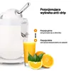 A white electric citrus juicer is shown next to a glass of orange juice and oranges, with instructional text overlay. Podgląd zdjęcia produktu