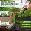 A woman watering plants in a raised garden bed, with graphics highlighting pest protection. Produktbild-Vorschau