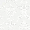 A seamless pattern of white damask-style wallpaper with a raised, embossed effect against a textured light gray background. Produktbild-Vorschau