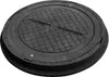 A black manhole cover with a textured surface and raised lettering. Produktbild-Vorschau