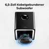 A black subwoofer with a glowing blue light emanating from its base, set against a white and light gray background with abstract circular lines. Produktbild-Vorschau