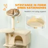 A cat tree with a cat sleeping on top, with a close-up inset showing the cat-ear-shaped perch. Náhled obrázku produktu