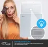 A woman holding an ice cream bar is shown next to a white freezer with a lightbulb icon and a close-up of the freezer's interior light. Produktbild-Vorschau