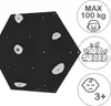 A hexagonal climbing wall with white climbing holds against a black background, with informational icons on the right. Podgląd zdjęcia produktu
