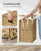 A collage of images showing a woven laundry basket with handles and feet, and a person using it. Produktbild-Vorschau
