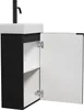 A black and white vanity unit with an open cabinet door, showing shelves inside. A faucet is attached to the sink. Anteprima dell’immagine prodotto