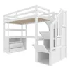 A white loft bed with a desk and stairs, shown from a side-angle against a white background. Produktbild-Vorschau