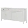 A white sideboard with four doors and two drawers, featuring gold handles, is shown against a white background. Produktbild-Vorschau