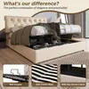 A bed with its storage compartments open, showcasing its features, with three inset images highlighting specific components. Náhled obrázku produktu