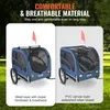 Two views of a blue dog trailer, one showing mesh ventilation and the other a closed PVC cover, set against a blurred outdoor background. Voir les images du produit