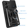A black phone case with various features highlighted by labels. Produktbild-Vorschau