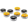 A set of shuffleboard pucks arranged on a white background. Voir les images du produit