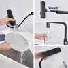 A collage of images showing a black kitchen faucet in use, demonstrating its features like a pull-out spray and different water flow settings. Náhled obrázku produktu