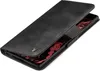 A black flip case for a smartphone is shown open, revealing a red and black patterned interior. Produktbild-Vorschau