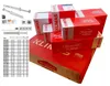 A collection of red and white boxes with product information and branding, along with some of the actual products. Produktbild-Vorschau