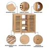 A collage showing a wooden cabinet with callouts to its features. Produktbild-Vorschau