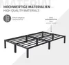 A metal bed frame is shown with text overlays describing its features and materials. Podgląd zdjęcia produktu
