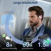 A man wearing earbuds sits in an airplane seat, with graphics indicating battery life. Produktbild-Vorschau