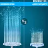 A comparison image showing two shower heads with water spraying from them. The left side shows a high-pressure shower head with a strong, dense stream of water, labeled 'HOCHDRUCK DESIGN'. The right side shows a different shower head with a weaker, more di Produktbild-Vorschau