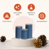 Three blue LED candles of varying heights are displayed on a white pedestal, with pinecones in the foreground. The background features icons and text highlighting product features. Voir les images du produit