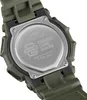 The back of a green Casio G-Shock watch with text and logos visible on the metal case back. Produktbild-Vorschau