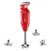 A red Bamix immersion blender with its accessories displayed on a white background. Produktbild-Vorschau
