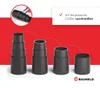 A marketing image showing a set of black vacuum cleaner adapters of varying sizes, with a text overlay highlighting a feature. Produktbild-Vorschau