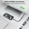 A smartphone is connected to a cable which is plugged into a USB-C coupler, which is then connected to another cable. The setup is shown on a desk with a keyboard and a monitor in the background. There are also close-up shots of the USB-C coupler. Produktbild-Vorschau