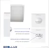 A product image showing a white LED outdoor light with motion sensor, with diagrams illustrating settings. Produktbild-Vorschau