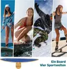 A collage of four images showing people engaged in different sports, with a balance board at the bottom. The sports include paddleboarding, surfing, snowboarding, and skateboarding. Produktbild-Vorschau