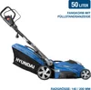 A blue electric lawnmower with a black grass catcher bag is shown against a white background. Produktbild-Vorschau