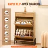 A wooden shoe cabinet with multiple flip-open drawers, showcasing different types of shoes. Text overlays highlight features and shoe types. Podgląd zdjęcia produktu