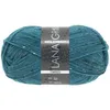 A ball of teal-colored yarn with black and white flecks, featuring a label. Produktbild-Vorschau