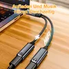 A USB-C splitter adapter is shown connected to a laptop, with text indicating it allows charging and listening to music simultaneously. Produktbild-Vorschau