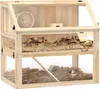 A multi-level wooden hamster cage with bedding, a wheel, and two hamsters. Náhled obrázku produktu