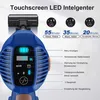 Close-up marketing image of a blue cordless vacuum cleaner with a digital display and feature callouts. Produktbild-Vorschau