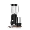 A black blender and a coffee grinder are displayed on a white background, with coffee beans scattered in front. Podgląd zdjęcia produktu