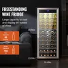 A wine fridge is shown next to a sofa, with text overlays highlighting its features and dimensions. Produktbild-Vorschau