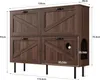 A dark brown wooden cabinet with four doors and a cat entrance on the right side, shown with dimensions indicated by measurement lines and text. Produktbild-Vorschau