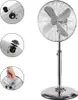 A chrome standing fan is shown against a white background, with three inset images detailing its controls and assembly. Podgląd zdjęcia produktu