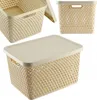 A collage of three images showing a beige plastic storage basket with a lid from different angles. Produktbild-Vorschau