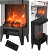 A collage of an electric fireplace, its packaging, and a remote control. Podgląd zdjęcia produktu
