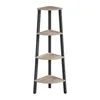A four-tier corner shelf unit with a wood-grain finish and black metal frame, isolated on a white background. Produktbild-Vorschau