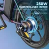 Close-up of an e-bike's rear hub motor with descriptive text overlays. Produktbild-Vorschau