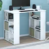 A white desk with shelves on the sides, containing books and boxes, with a computer monitor, keyboard, speakers, and a mug on top. Podgląd zdjęcia produktu