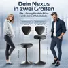 A man and a woman are shown next to two different sizes of ergonomic office stools, with text and measurements indicating their features and dimensions. Produktbild-Vorschau