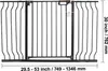 A black metal baby gate is shown against a white background with dimensions indicated. Náhľad obrázku produktu